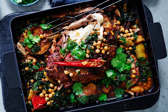 Slow-cooked pork shoulder with braised chickpeas and silverbeet.