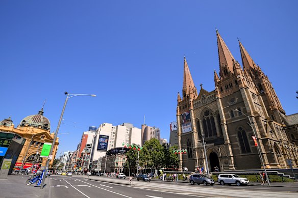 St Paul’s Cathedral and Flinders Street station in 2016 before Metro Tunnel works began.