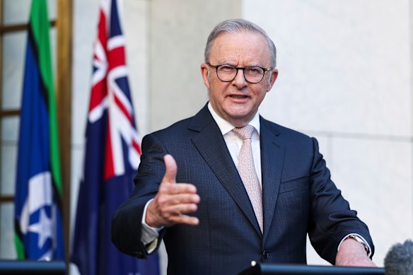 Prime Minister Anthony Albanese at a press conference on Tuesday morning.