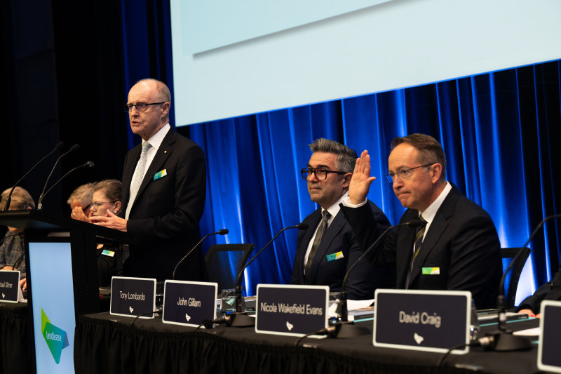 Hailing shareholders: Lendlease’s outgoing chairman Michael Ullmer, left, CEO Tony Lombardo and incoming chairman John Gillam, right, at the start of the company’s AGM on Friday.