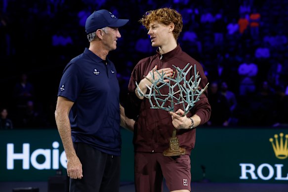 “I feel very, very lucky and happy to be his last player on tour,” says Jannik Sinner (with Cahill at last year’s Paris Masters).