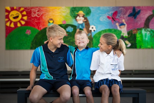 Siblings Josiah, 13, Noah, 7, and Adeline, 10, recently enrolled to Pacific Coast Christian School in Tweed Heads.