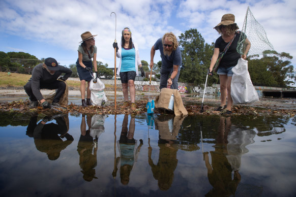 Sally Gibson (centre in blue) and the Elwood Canal Action Team want more to be done to tackle pollutants running off into Port Phillip Bay.