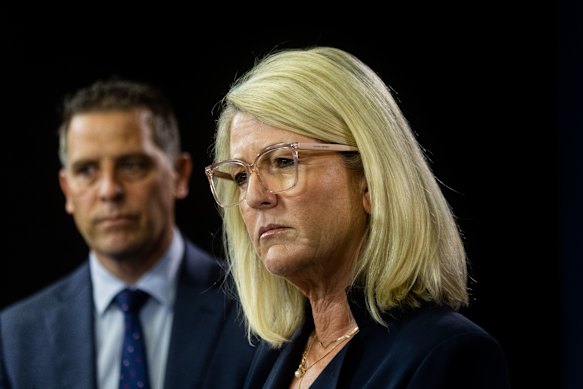 Police Minister Yasmin Catley and Health Minister Ryan Park at a press conference on Tuesday.