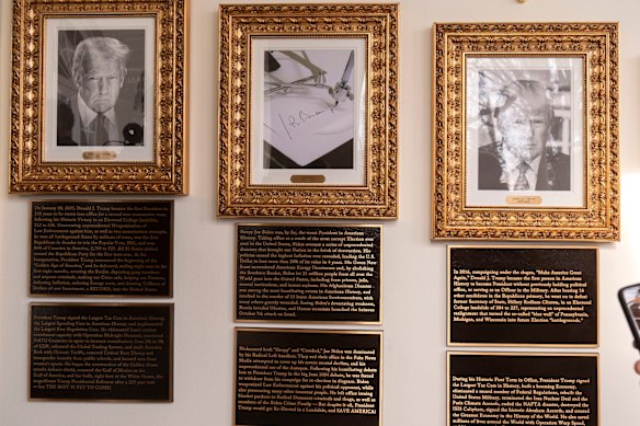 The plaques offer a fawning summary of Trump’s achievements but disparaging comments about Joe Biden and Barack Obama.