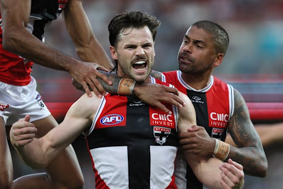 Jack Sinclair celebrates kicking a steadying goal for St Kilda late in their win over Port Adelaide.