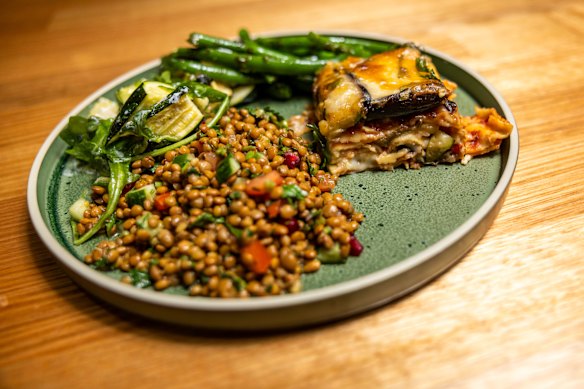 Pasta al forno with green beans and a lentil salad at Bistro Gadi.