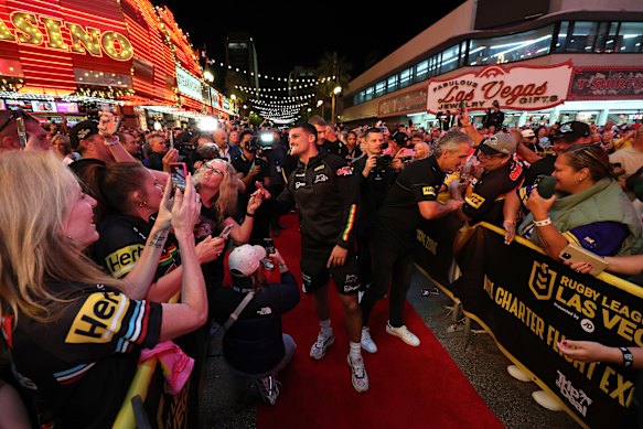 Rugby league fans puzzled locals at an event in Fremont St, Las Vegas.