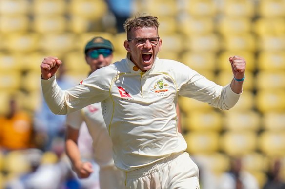 Todd Murphy celebrates a wicket during his maiden Test tour of India in 2023.