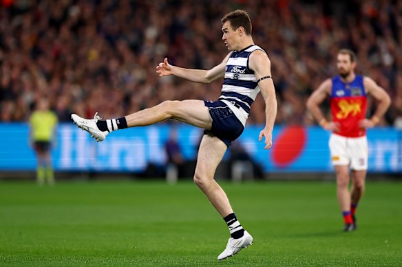 If things are quiet deep in Geelong’s forward line, Jeremy Cameron will roam further afield to get into the game. 