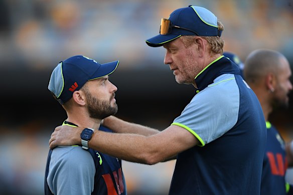 McDonald knows what makes players tick. Here he gives batsman Josh Inglis a pep talk.