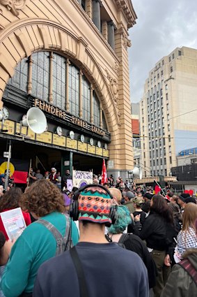 “Rally against Racism” protesters at Flinders Street Station on Saturday. 