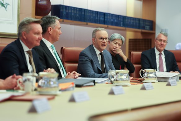 Prime Minister Anthony Albanese addressing a cabinet meeting in Canberra this morning.