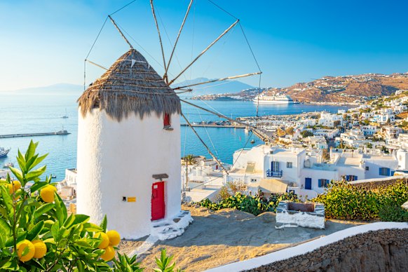 Panoramic view of Mykonos town.