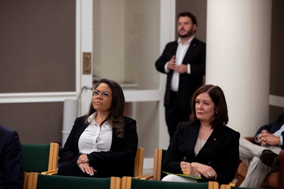 Opposition spokeswoman for defence industry and defence personnel Senator Jacinta Nampijinpa Price (left) and Senator Sarah Henderson.