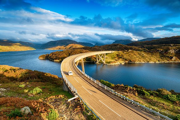 The Kylesku Bridge spanning Loch a’ Chairn Bhain in the Scottish Highlands.