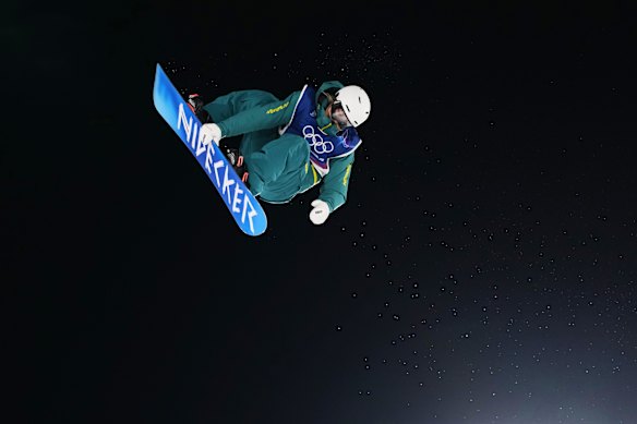 Australia’s Mela Stalker competes during the women’s snowboard big air qualifications.