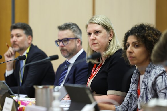 Acting managing director of the ABC Melanie Kleyn, second from right, at Tuesday’s parliamentary hearing.