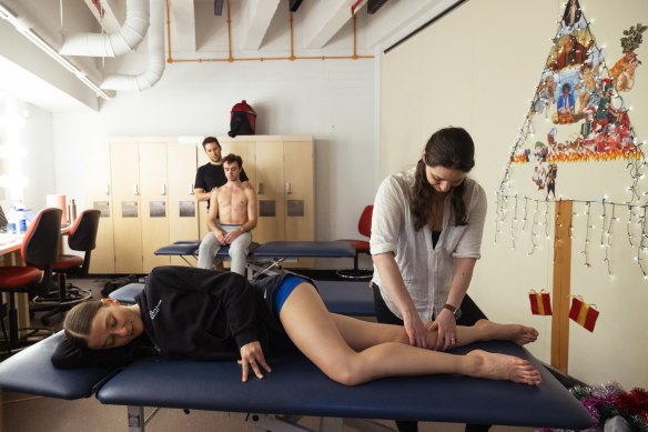 Australian Ballet Principal Artist Benedicte Bemet recieves treatment from Australian Ballet’s Rehabilitation Specialist Sophie Emery at the Sydney Opera House.