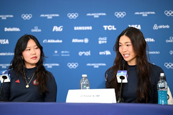 United States teammates Bea Kim and Chloe Kim at a press conference in Livigno on Monday.