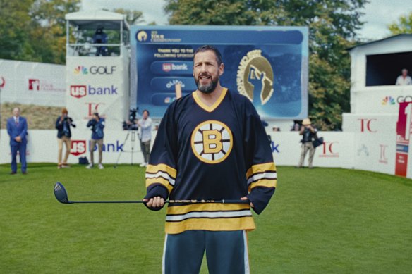 Happy Gilmore (Adam Sandler) takes on big-money corporate golf in Happy Gilmore 2.