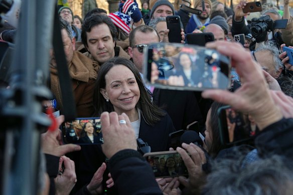 Venezuelan opposition leader María Corina Machado leaves the Capitol where she met with Congress members after her meeting with Donald Trump.