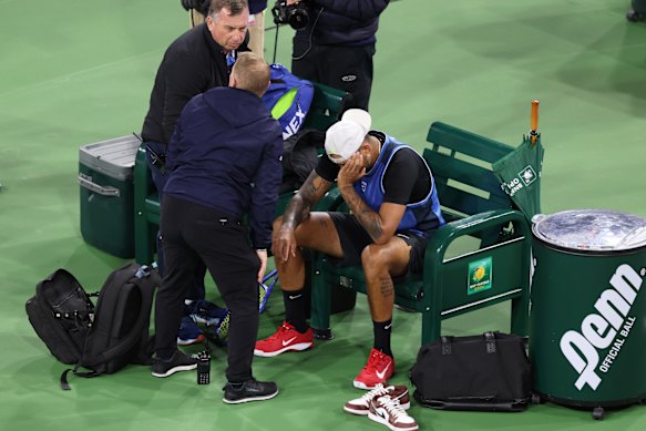 A dejected Nick Kyrgios had to retire with a wrist injury at Indian Wells this year.