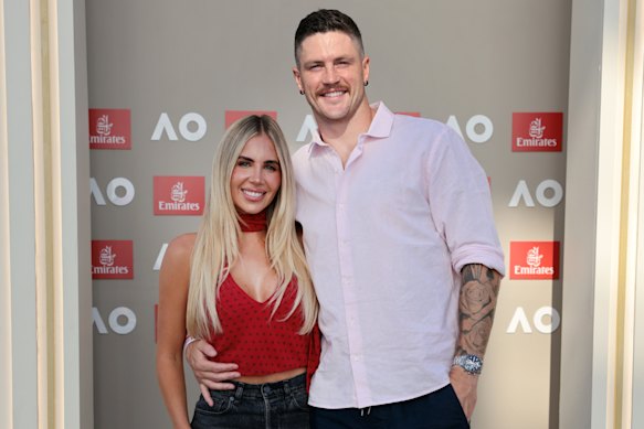 Mikayla and Jack Crisp at the Emirates hospitality suite at the Australian Open on Sunday.