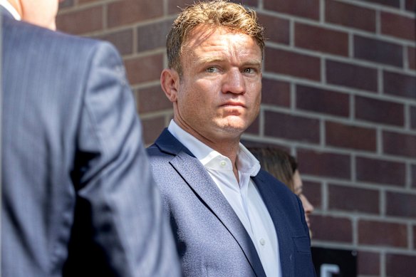 Former Sydney Roosters captain Jake Friend arrives at Burwood Local  Court on Thursday morning.