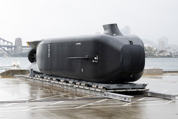 The unveiling of the Ghost Shark, an uncrewed submarine on Wednesday in Sydney. 