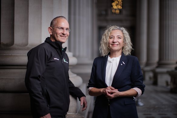Independent candidates Paul Hopper and Melissa Lowe after winning their High Court case against the Victorian government’s campaign finance law.