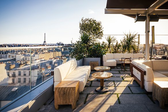 The rooftop of La Fondation hotel has views of the Eiffel Tower.