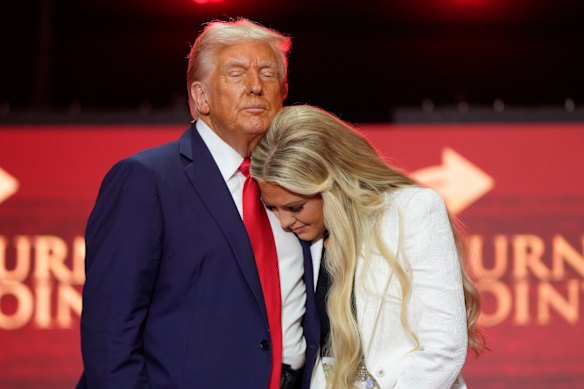 President Donald Trump with Erika Kirk at the memorial of her husband.