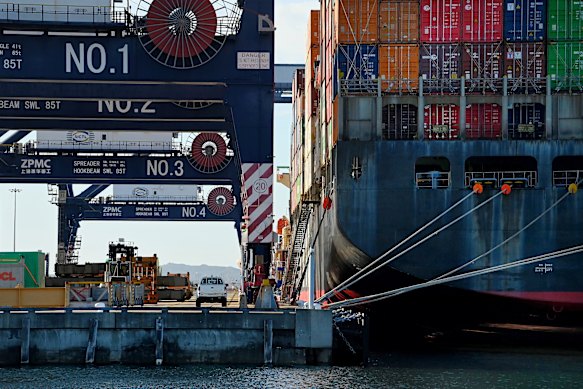 A cargo ship docked at Port Botany, NSW. 