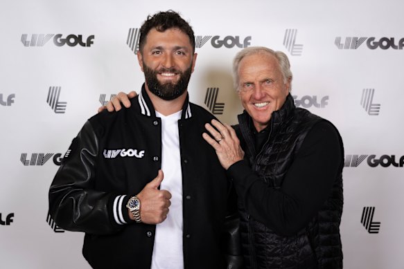 Jon Rahm and former LIV Golf boss Greg Norman in 2023.