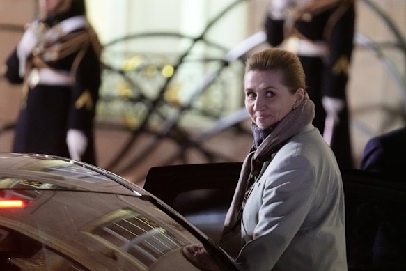 Danish Prime Minister Mette Frederiksen leaves a meeting in Paris with other European leaders on Tuesday.