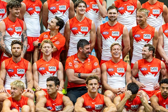 Coach Dean Cox with his team at Moore Park for their team photo on Tuesday.