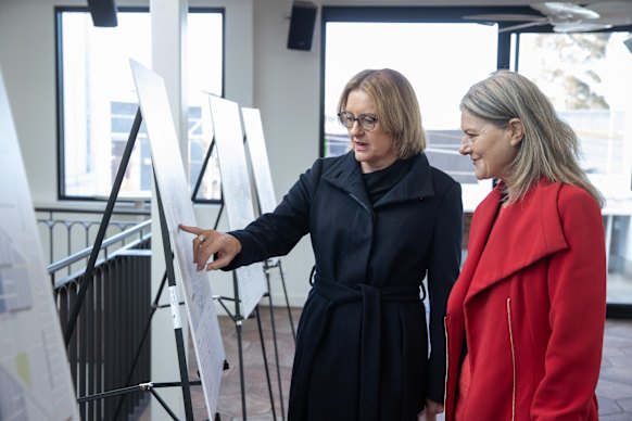 Premier Jacinta Allan and Minister for Planning Sonya Kilkenny examine new development maps in Kew on Wednesday.