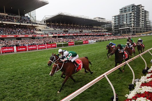Hugh Bowman is trapped on the rail on Aeliana, back right, in the 2025 Cox Plate.