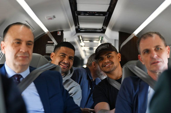 From left, Peter V’landys, Cody Walker, Latrell Mitchell and Andrew Abdo on the flight to Moree earlier this month.