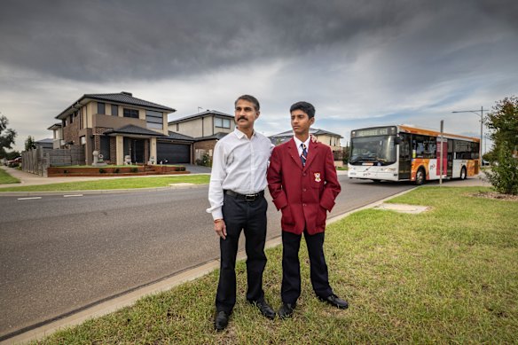 Lahiri Bellarykar and son Anagh. Anagh catches the bus to school every morning from the Riverwalk housing estate to Werribee Secondary College. Lahiri is pushing for better bus services for schoolchildren in the western suburbs.