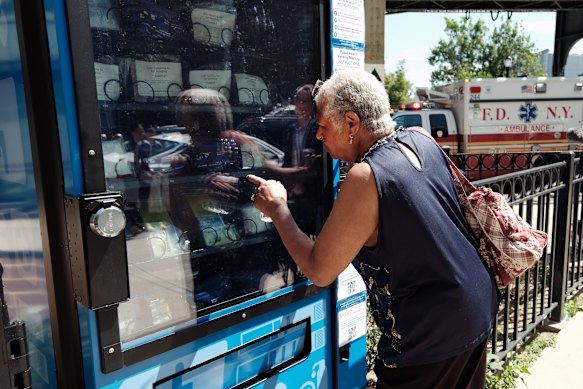 A vending machine in New York City that dispenses free fentanyl-testing strips and naloxone, as well as hygiene kits, maxi pads, vitamin C and COVID-19 tests.