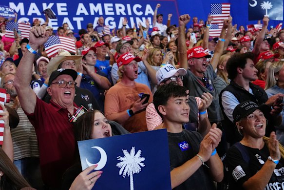 A crowd cheering on Donald Trump in South Carolina.