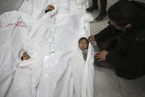 Palestinian children killed in the Israeli bombardment of the Gaza Strip lie in the morgue of a hospital in Rafah, southern Gaza Strip, on Friday.