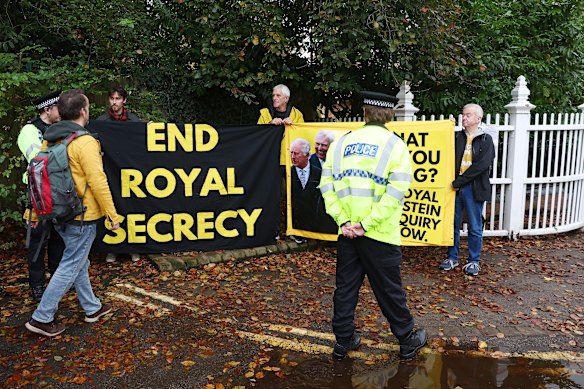 Activists staging a protest at the entrance to Windsor Great Park and Royal Lodge where Prince Andrew lives.