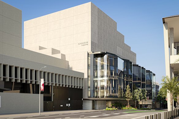 A rendering of the glass facade out the front of QPAC’s new theatre.