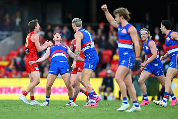 Roaring with delight: Ed Richards of the Bulldogs.