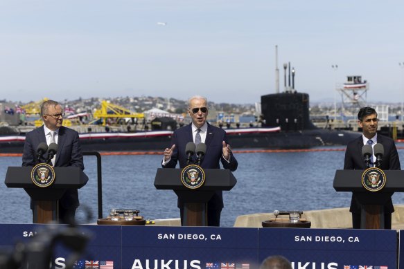 Australian Prime Minister Anthony Albanese, US President Joe Biden and UK Prime Minister Rishi Sunak during the AUKUS announcement in San Diego.