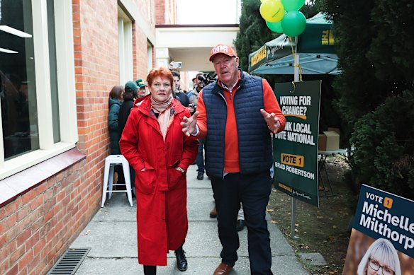 One Nation’s inroads in the outer suburbs of Albury made it impossible for Michelle Milthorpe to win the seat. Pauline Hanson is pictured with the party’s victorious candidate, David Farley, on Saturday. 
