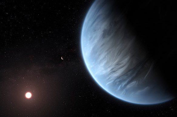 An artist’s rendering of K2-18b, orbiting its red dwarf.